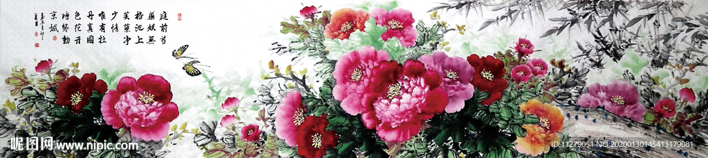 牡丹花鸟床头画