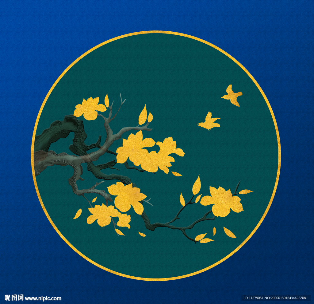 金色花鸟画玉兰花