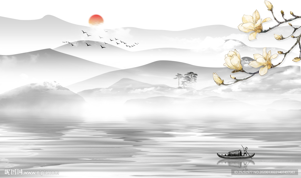 新中式玉兰抽象山水背景墙