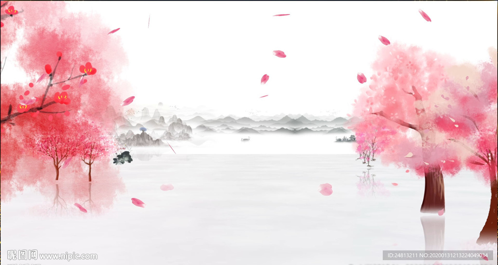 水墨桃花山水背景AE模板