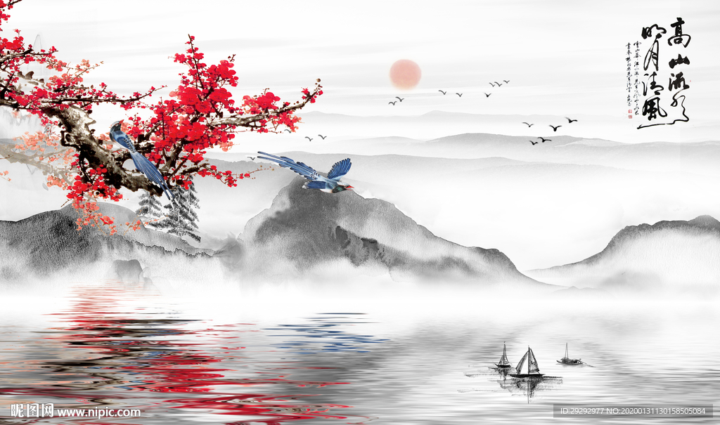 新中式梅花水墨山水背景墙