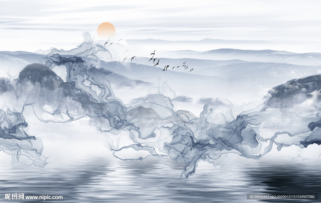 新中式抽象水墨山水线条背景墙