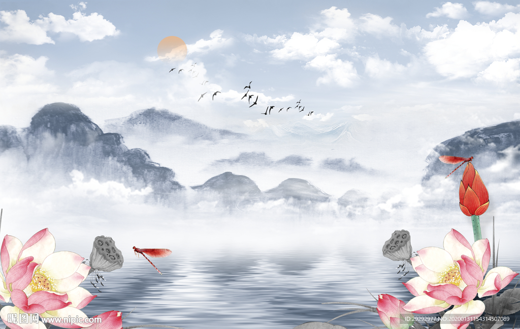 新中式水墨山水荷花背景墙