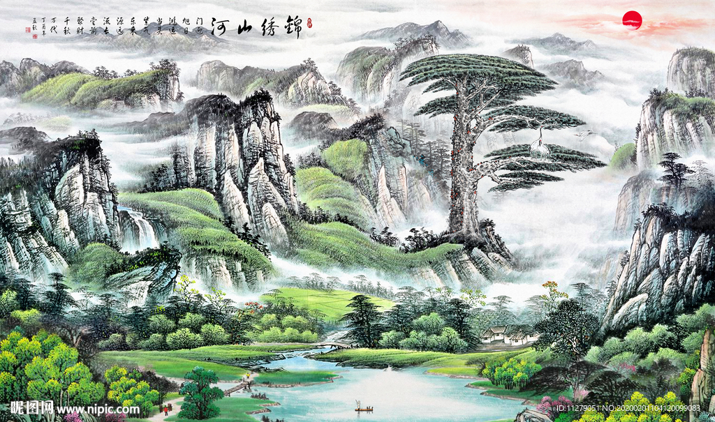 山水迎客松壁画背景墙