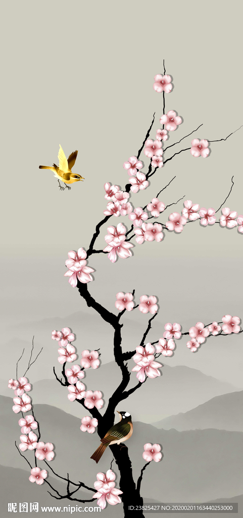 新中式手绘工笔梅花山水玄关背景