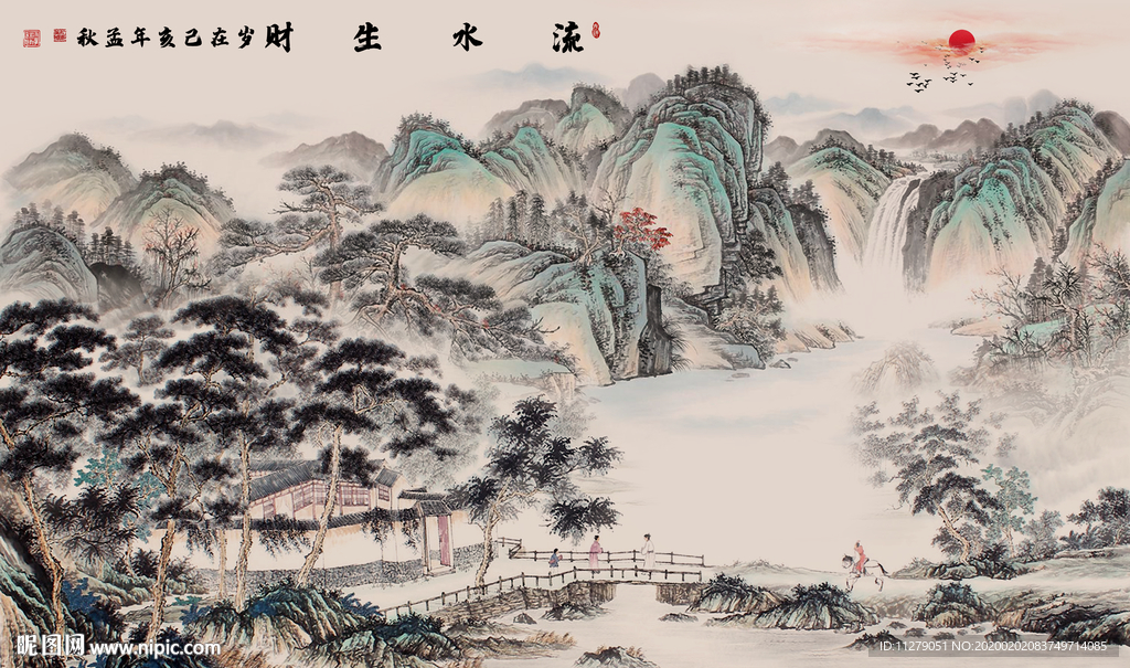 山水画招财背景墙壁画