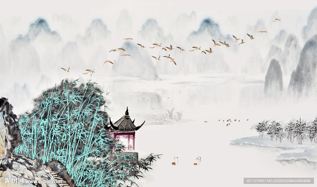 山水迷雾水墨画