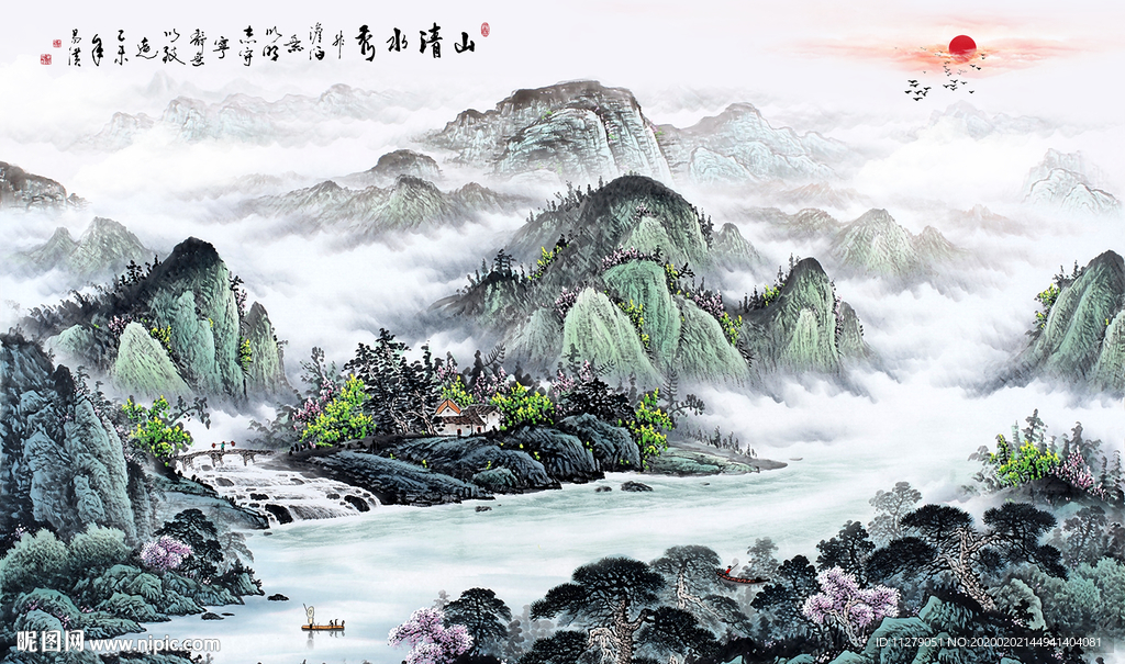 山清水秀山水画背景墙