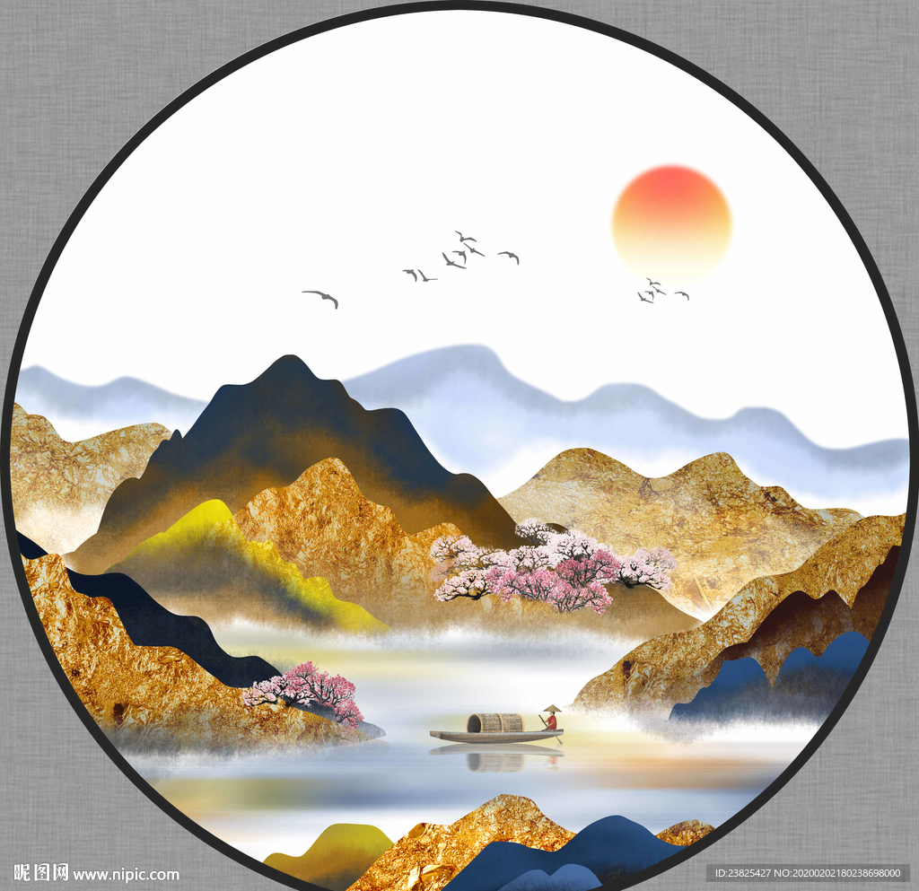 新中式抽象水墨山水圆形装饰画