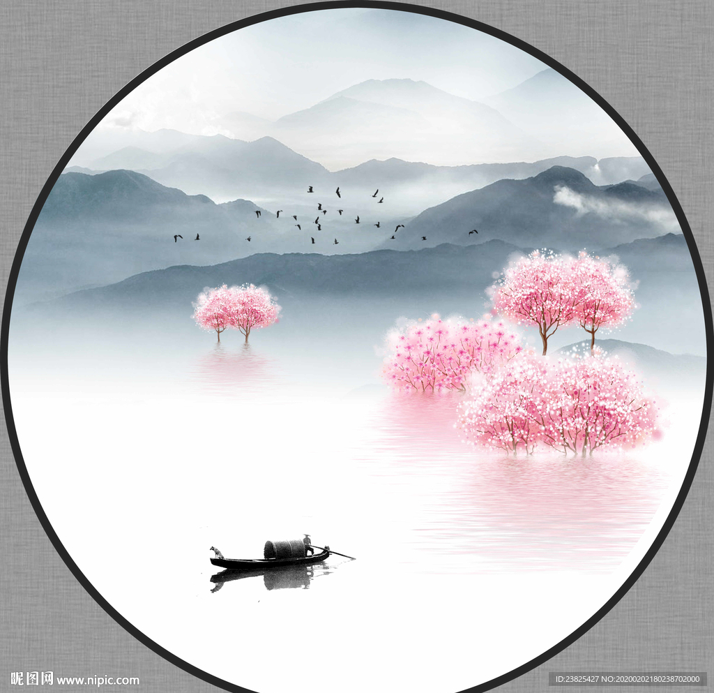 新中式抽象水墨山水圆形装饰画