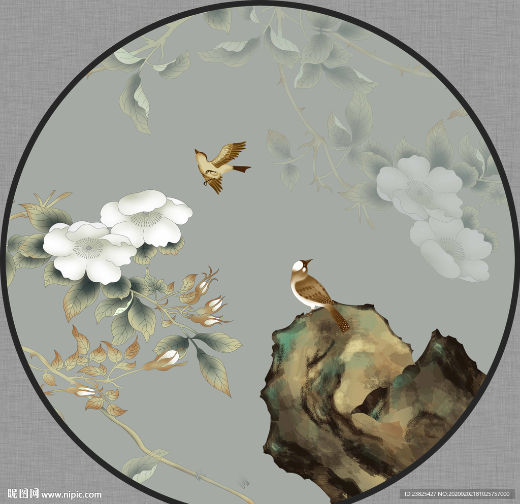 新中式手绘工笔花鸟圆形装饰画