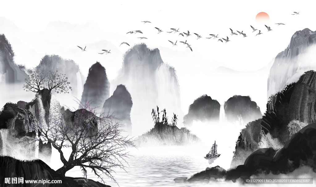 新中式山水水墨画背景墙