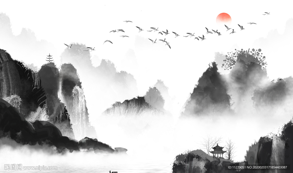新中式山水水墨画壁画