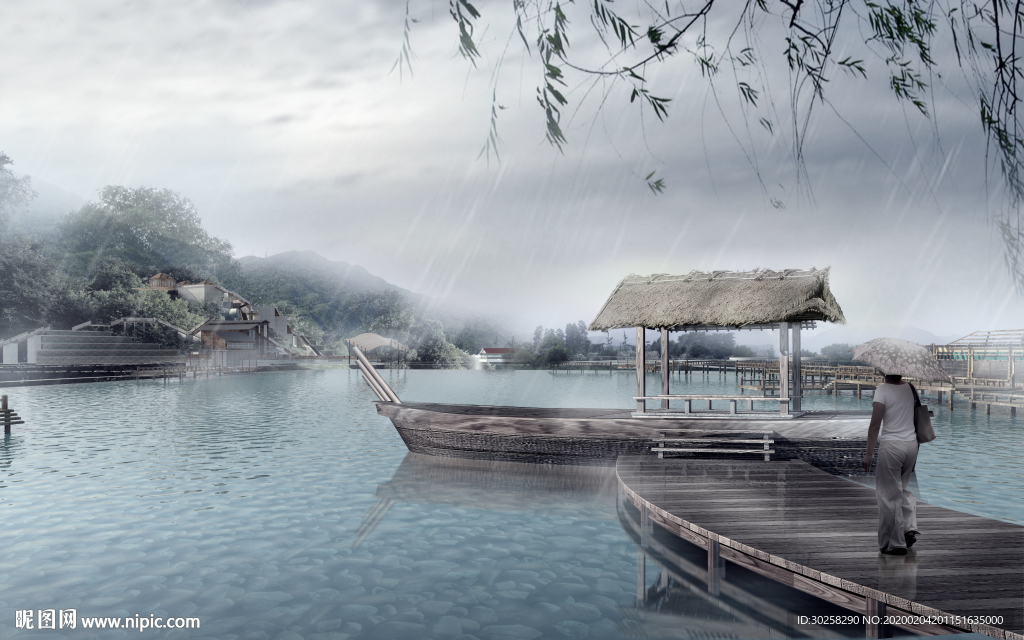 湖面小船泛舟效果图