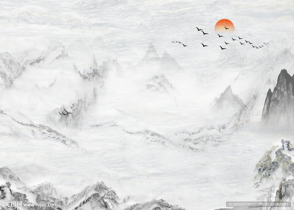 爵士白水墨山水背景墙