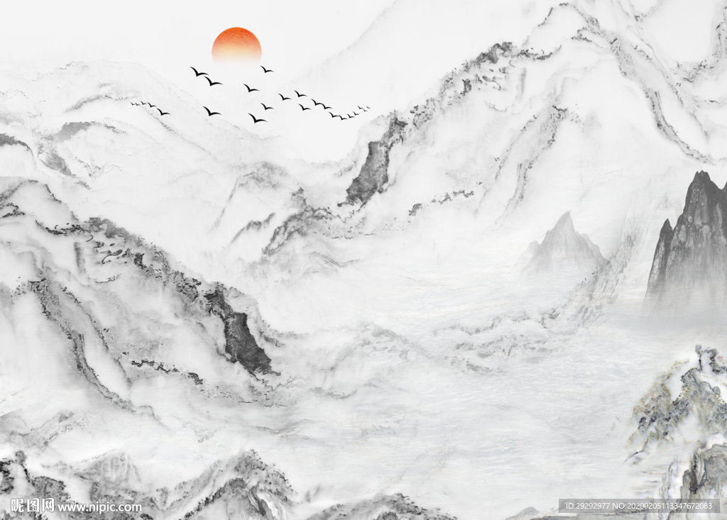 新中式水墨山水爵士白背景墙