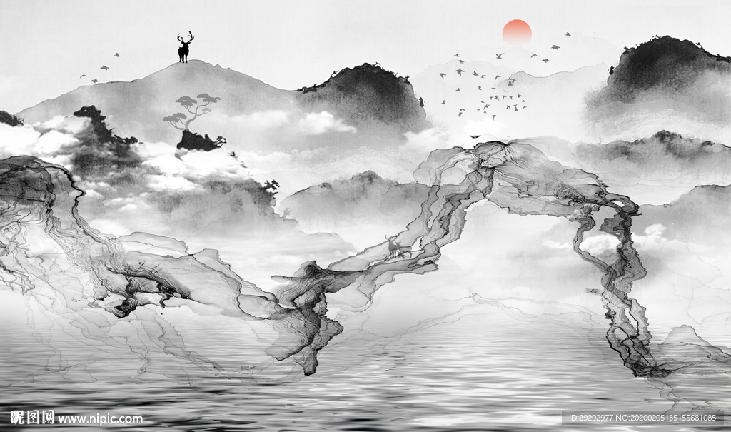 新中式水墨山水抽象背景墙