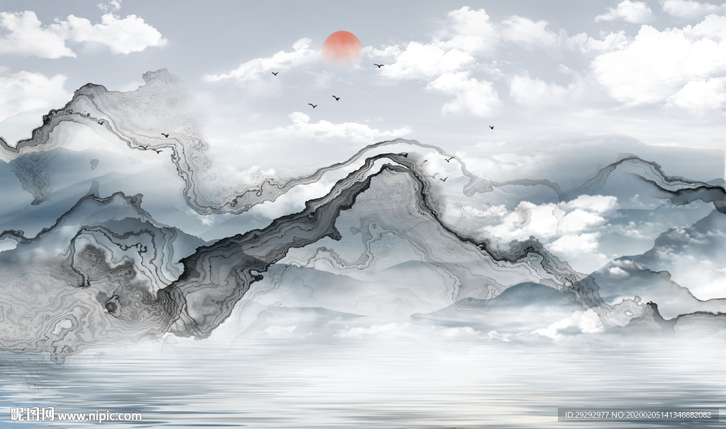 新中式抽象山水线条背景墙