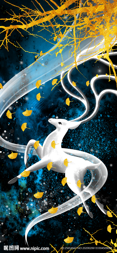 银杏叶金色麋鹿山水装饰画玄关