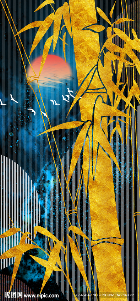 中式仿彩雕金色竹子玄关