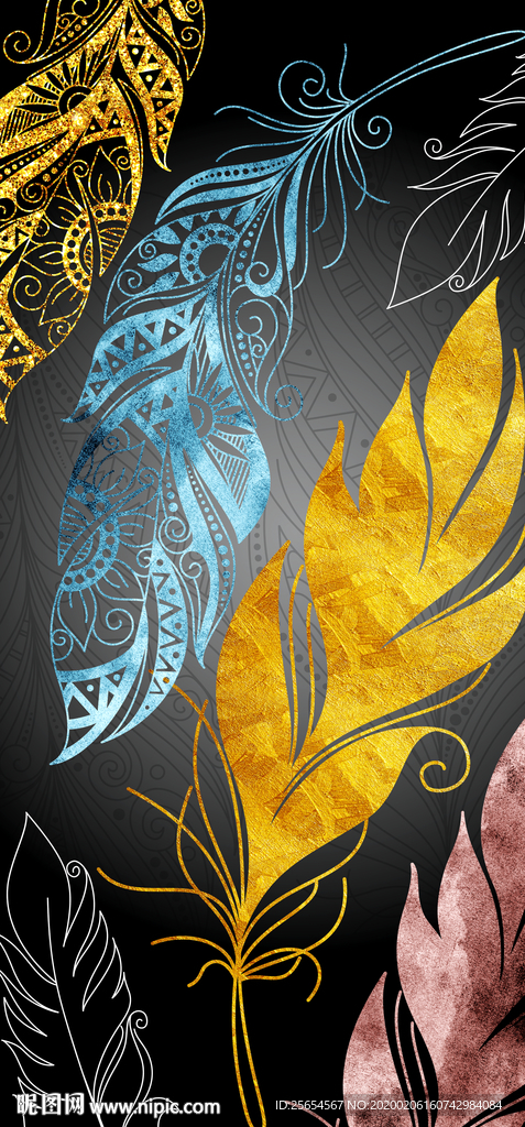 现代北欧抽象轻奢金色羽毛壁画