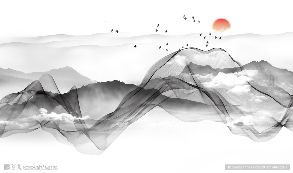 新中式山水线条背景墙