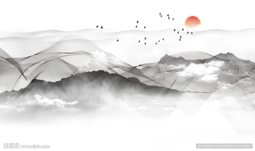 新中式抽象线条山水背景墙