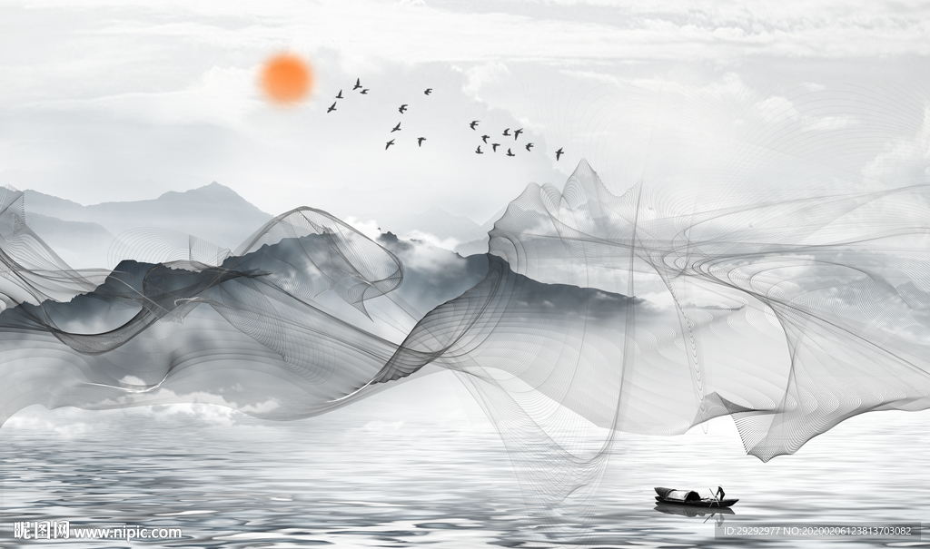 新中式水墨山水线条背景墙