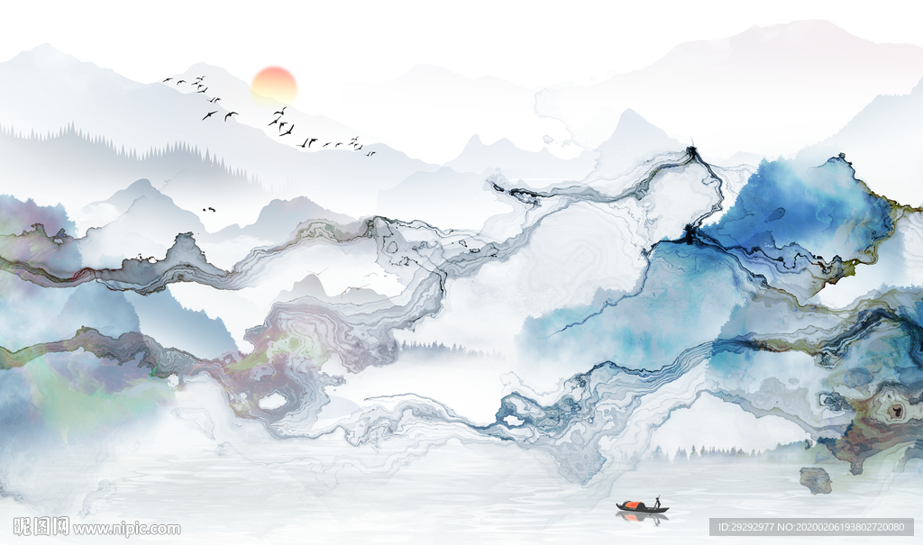 新中式抽象线条山水背景墙