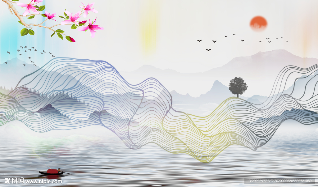 新中式抽象线条山水背景墙