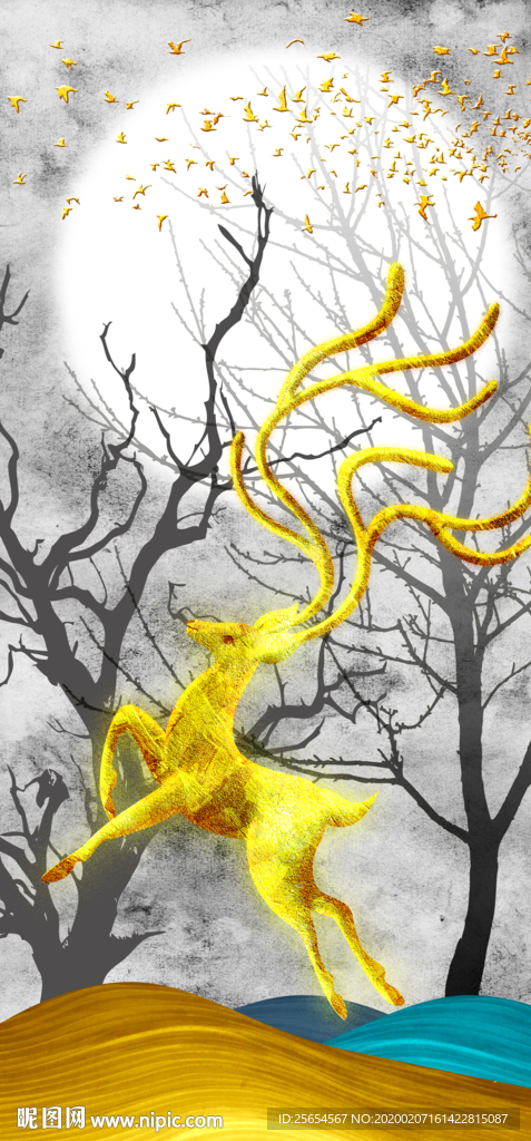 麋鹿发财树轻奢山水花纹图案家居