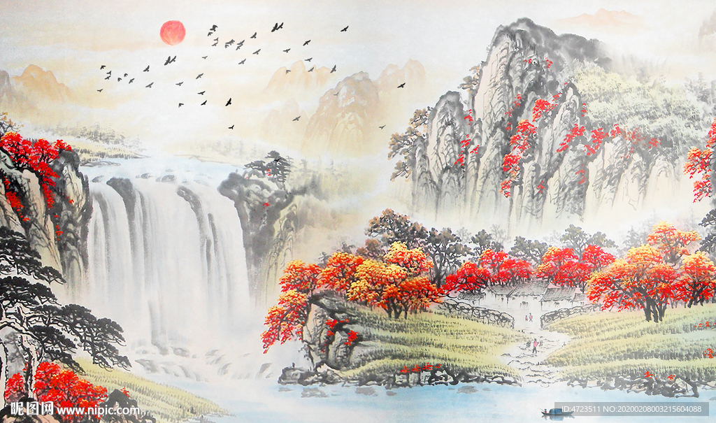 中国风流水生财山水瀑布背景墙