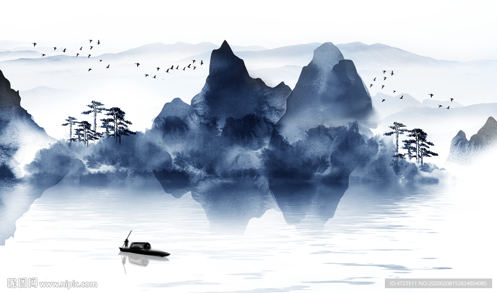 新中式抽象山水倒影小舟飞鸟背景