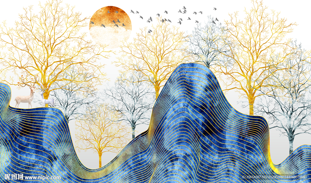 新中式金色山水发财树山水背景画