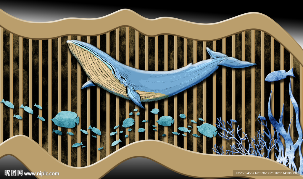 新中式金色鲸鱼抽象水墨床头装饰