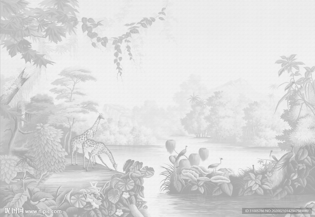 手绘热带雨林中世纪芭蕉叶西洋画