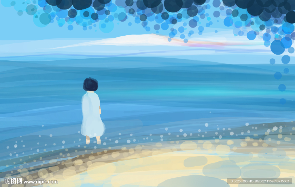 女孩海边插画