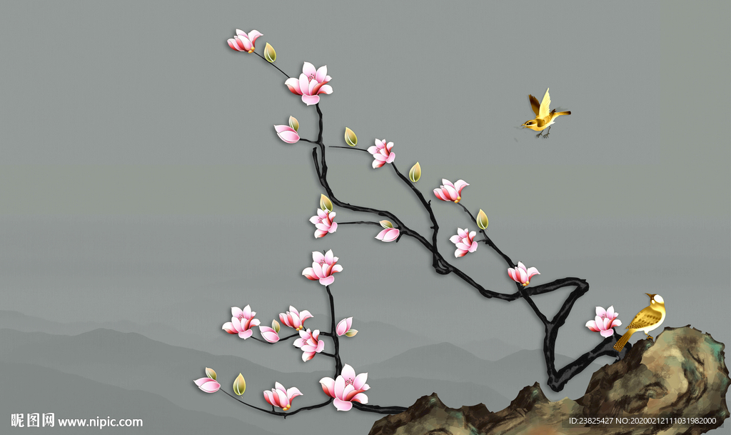 新中式手绘工笔花鸟电视背景墙