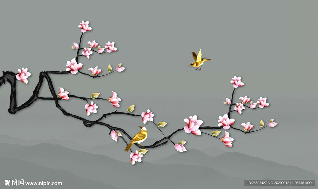 新中式手绘工笔花鸟电视背景墙