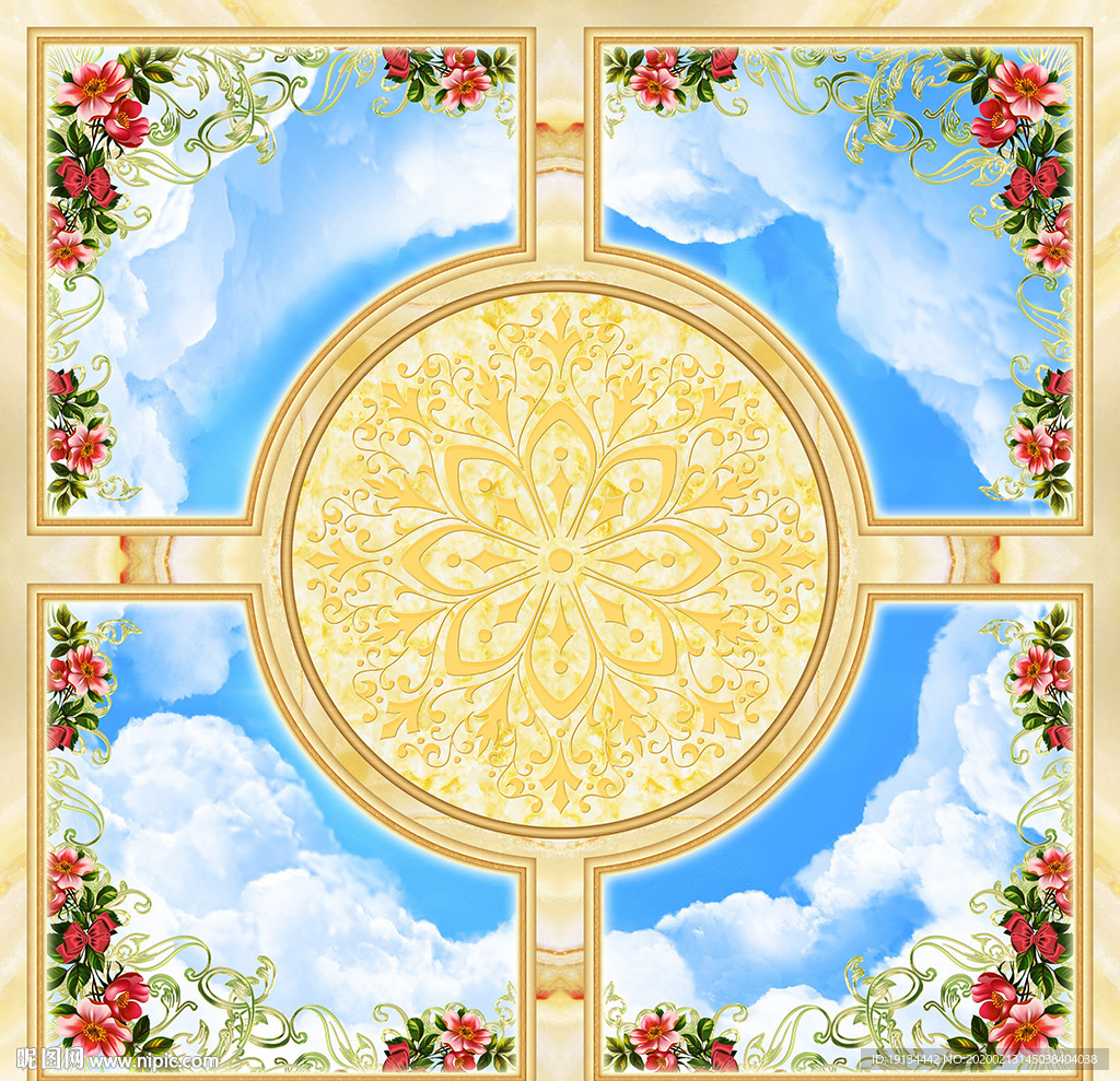 欧式花纹3D浮雕天顶壁画