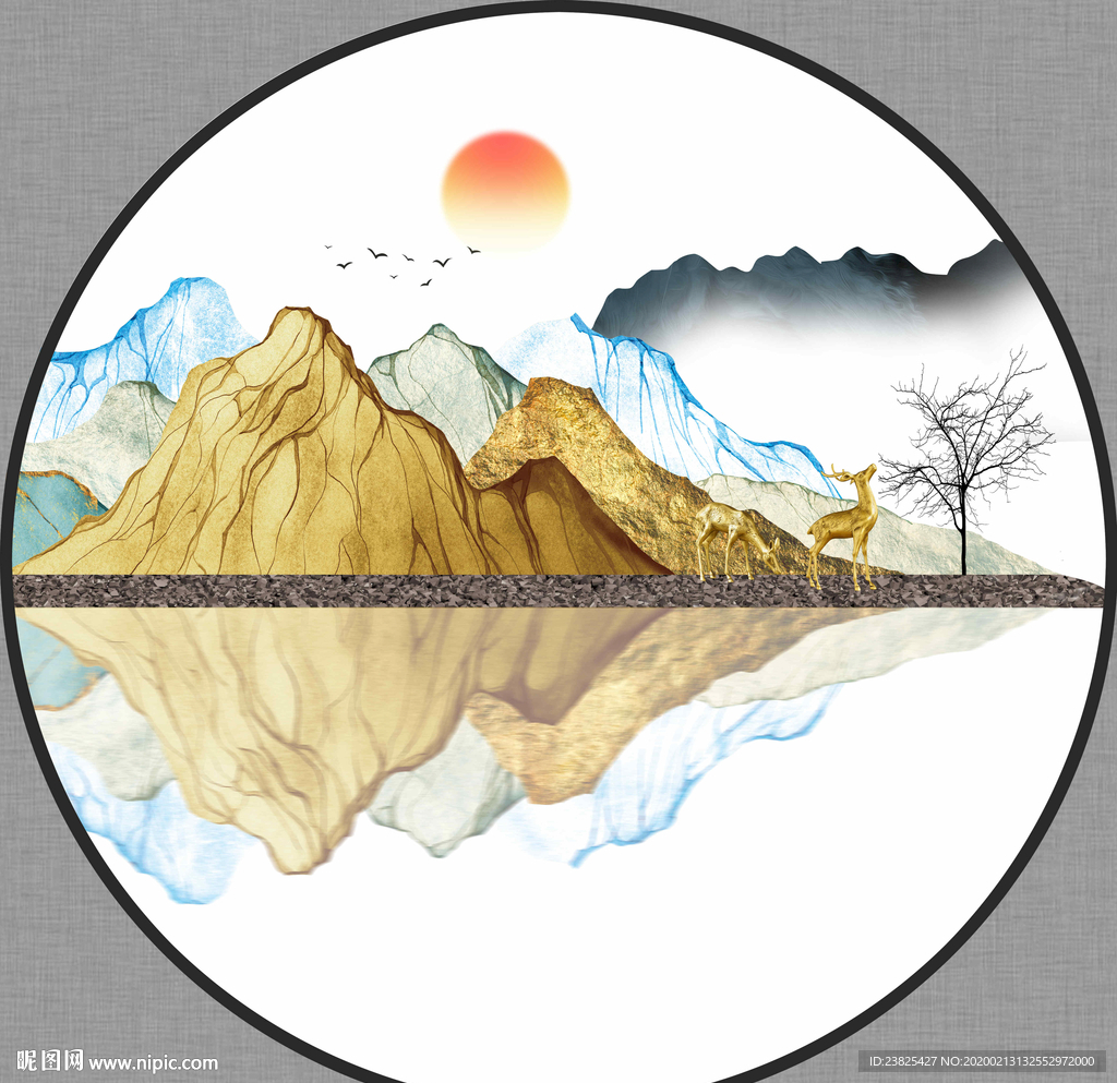 新中式抽象水墨山水圆形装饰画