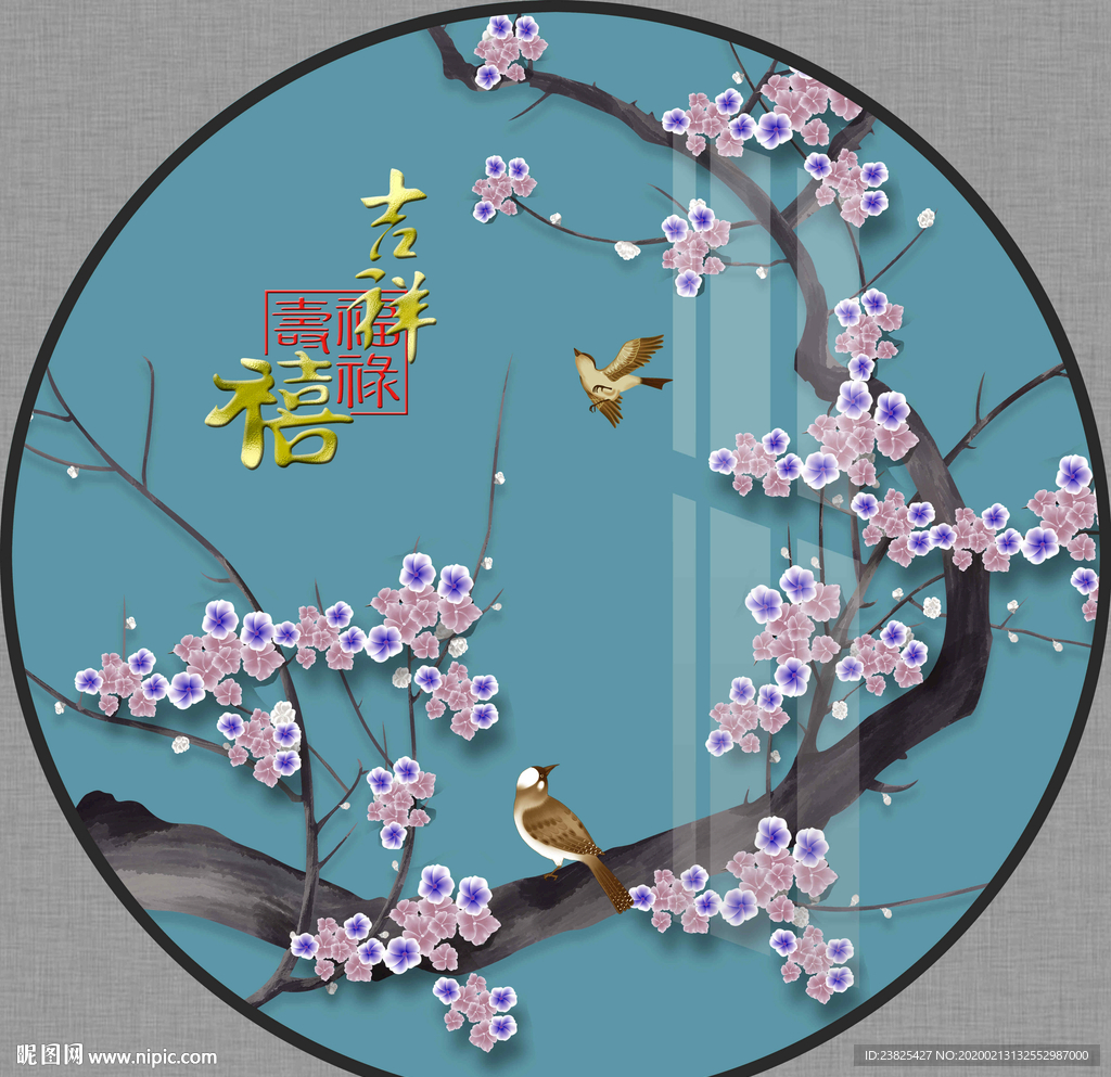 新中式手绘工笔花鸟圆形装饰画