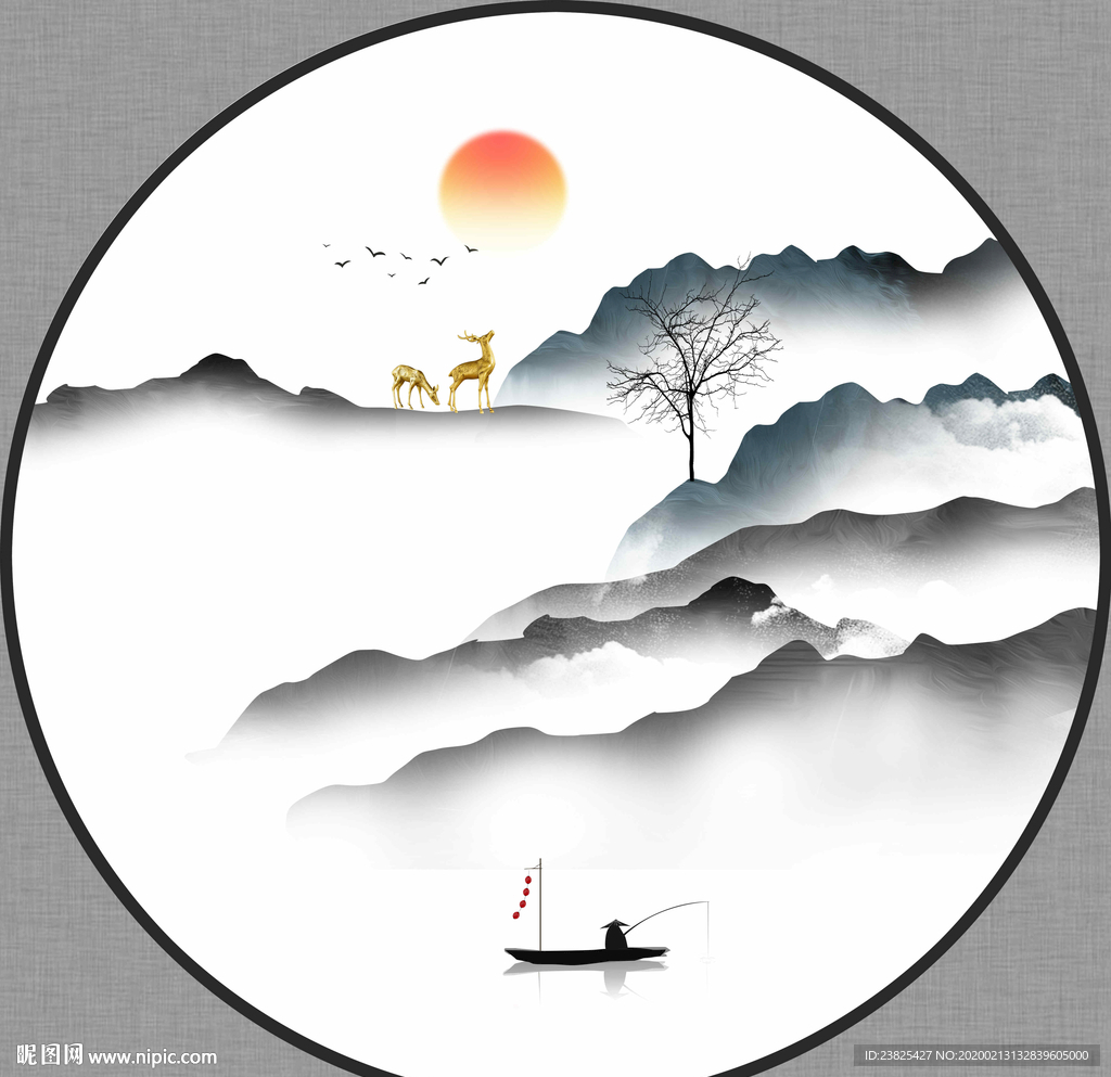 新中式抽象水墨山水圆形装饰画