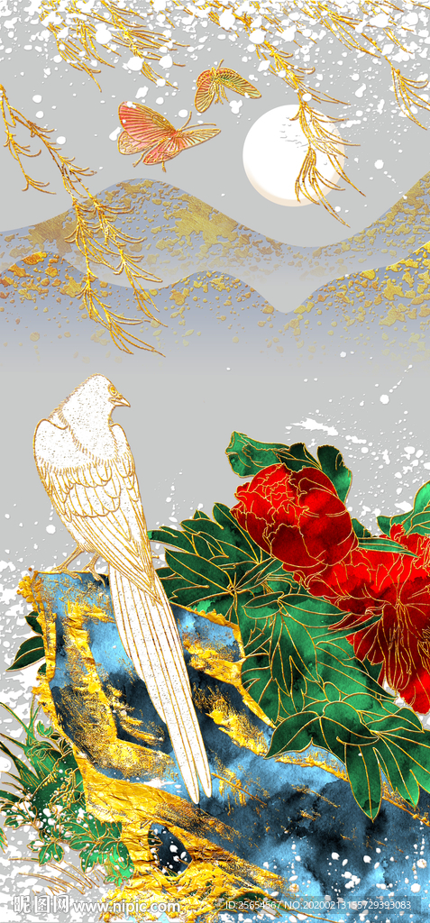 金色牡丹花瓶玄关装饰画