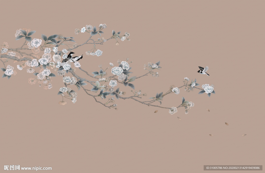 手绘牡丹花鸟背景墙