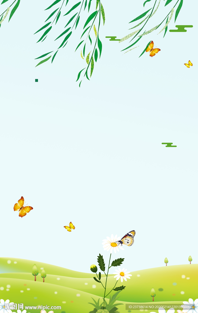 简约春天蝴蝶花朵草地背景