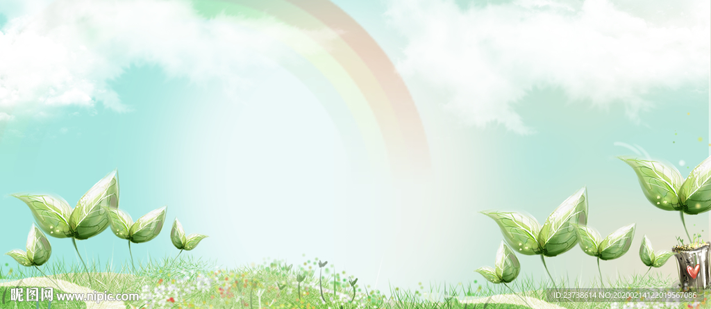 梦幻春天天空草地彩虹背景