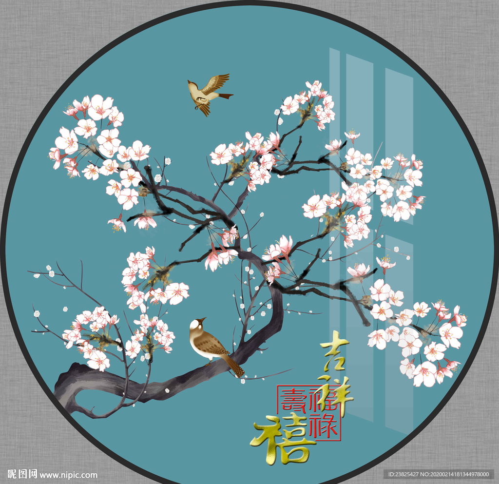 新中式手绘工笔花鸟圆形装饰画