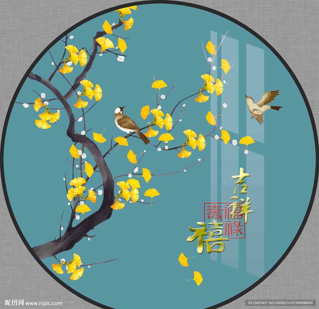 新中式手绘工笔花鸟圆形装饰画