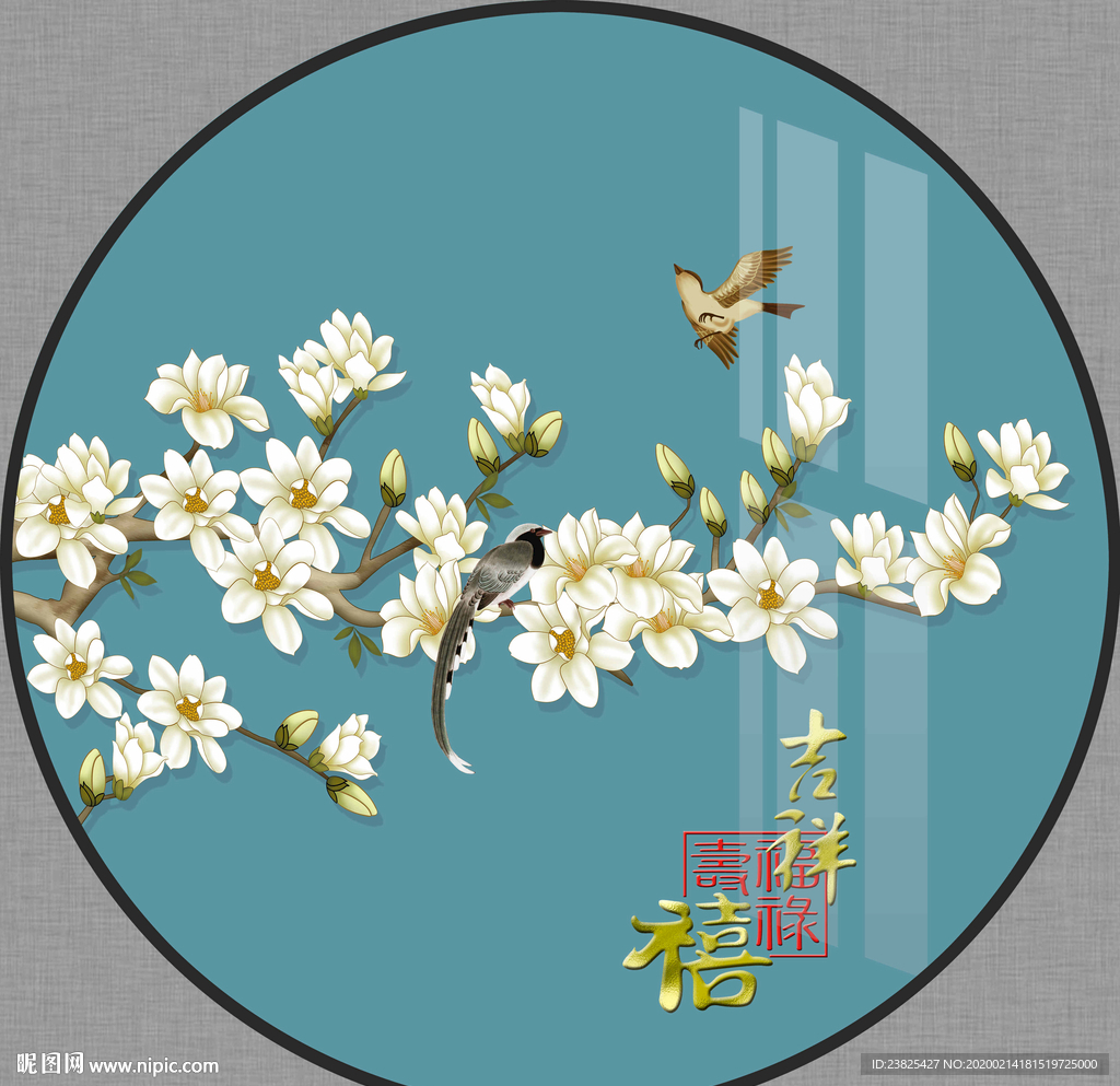 新中式手绘工笔花鸟圆形装饰画